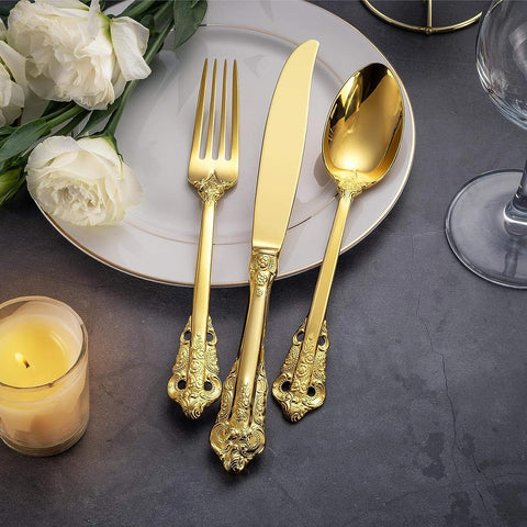 Image of Luxury 20 Pieces 18/10 Stainless Steel Flatware Set, Service for 4, Silver Plated with Gold Accents, Fine Silverware Set and Dishwasher Safe (Gold)