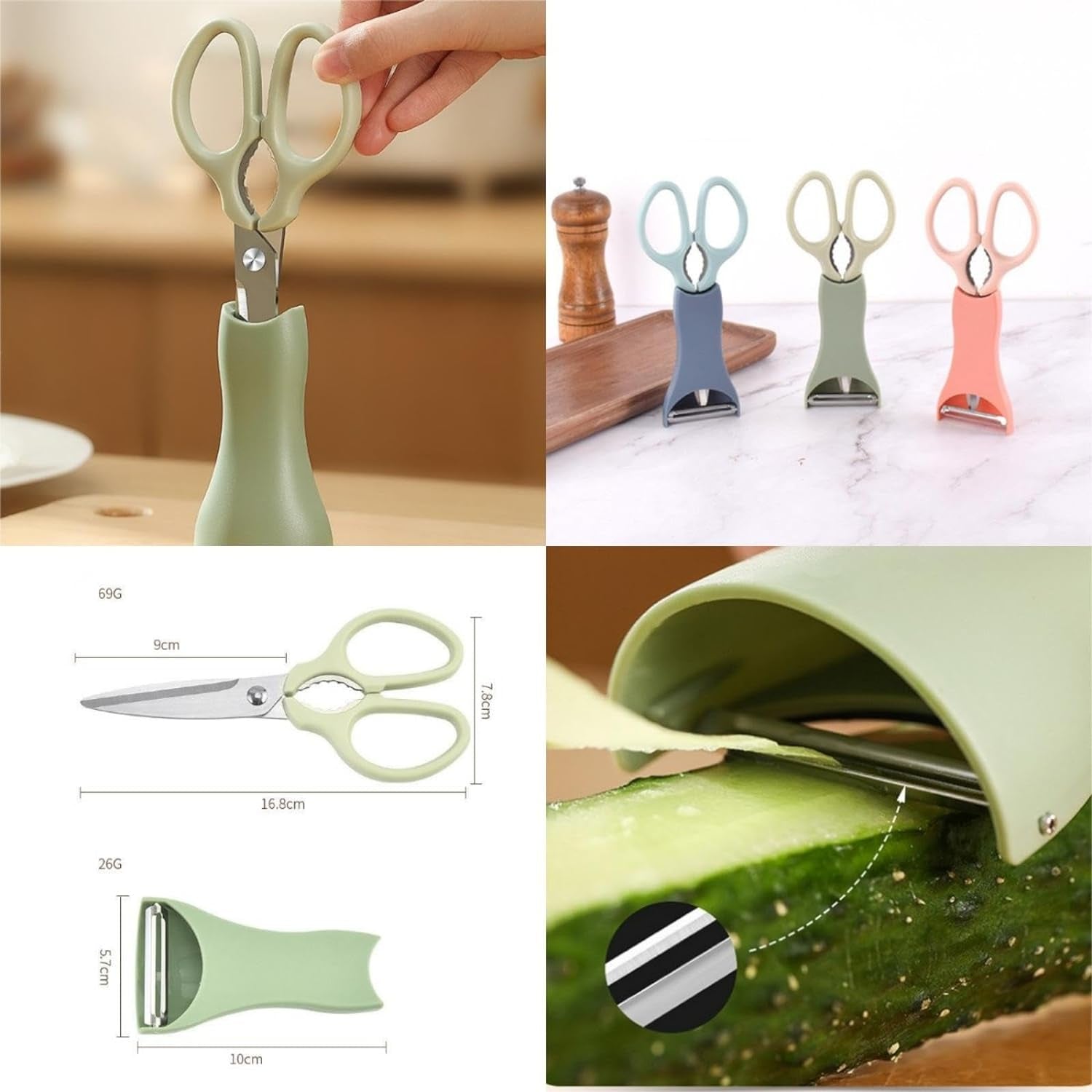 2Pcs Kitchen Scissors and Peeler Set, 3 in 1 Standable Stainless Steel Household Scissors Food Scissors Kitchen Scissors and Melon Planer (1*Green+1*Pink)