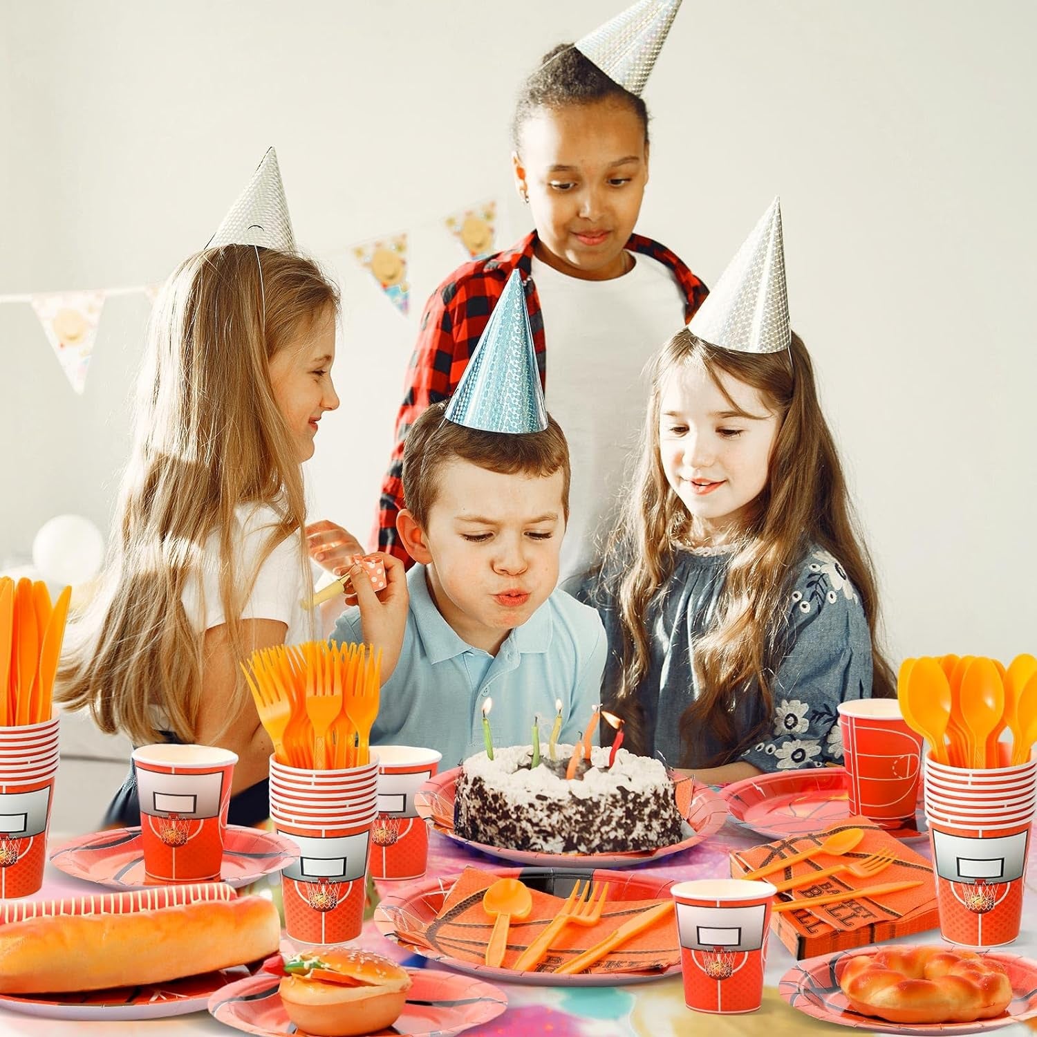 350 Pcs Sports Party Supplies Set Include 100 Paper Plates 50 Cups 50 Napkins 50 Forks 50 Plastic Spoons 50 Knives Serves 50 for Kids Party Birthday Decorations (Basketball)