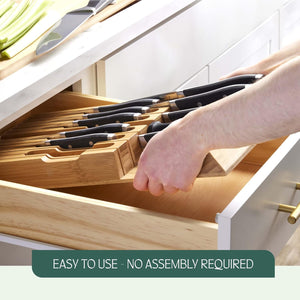 High-Grade 100% Bamboo Knife Drawer Organizer - 16 Knife Slots plus a Sharpener Slot, Knife Organizer for Kitchen Organization, Durable, Secured, Practical, Eco-Friendly, Knife Block without Knives.