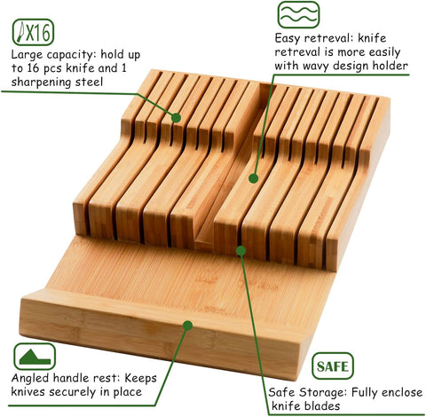 Image of Bamboo Kitchen Drawer Knife Holder, In-Drawer Knife Block, Knife Drawer Organizer Fit for 16 Knives and 1 Steel Sharpening