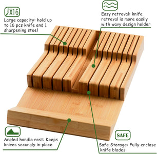 Bamboo Kitchen Drawer Knife Holder, In-Drawer Knife Block, Knife Drawer Organizer Fit for 16 Knives and 1 Steel Sharpening