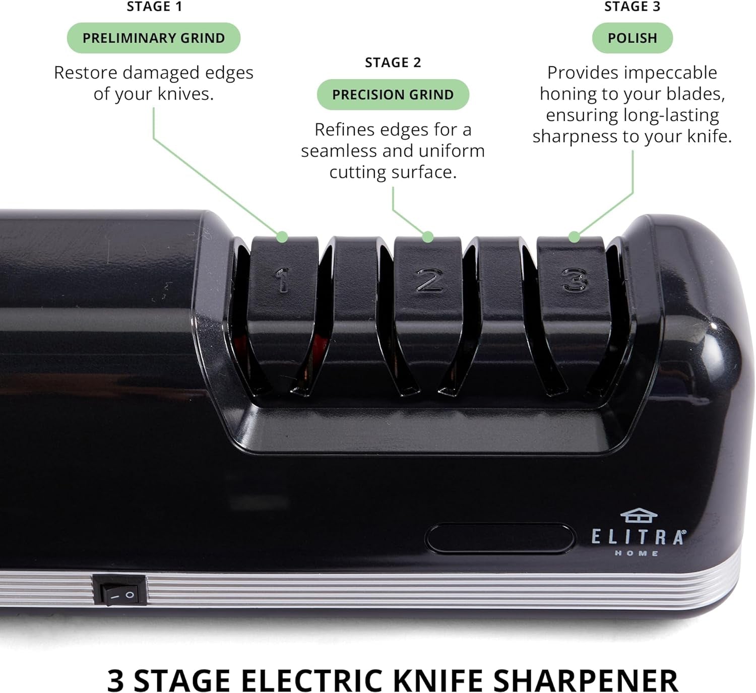 Professional Electric Knife Sharpener | 3 Stage Chef Knife Sharpening Tool for Kitchen Knives, Pocket Knife Scissors & Serrated Blades | Diamond Coated Abrasives & Precision Angle Guides