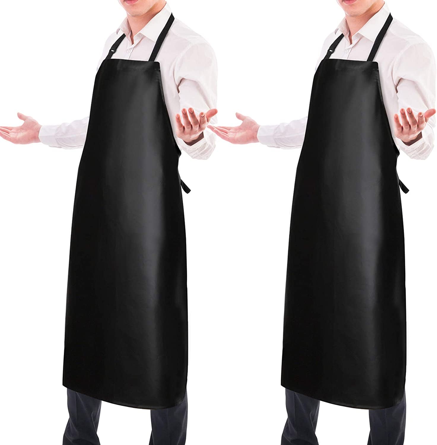 2 Pack Waterproof Rubber Vinyl Apron 40" Aprons for Men Heavy Duty Chemical Resistant Work Apron Extra Long Grilling Aprons with Adjustable Bib Apron for Dishwashing Lab Butcher Cooking Kitchen Black
