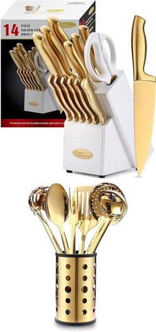 Image of MA21 Golden Titanium Knives Block Set +  KYA51B Kitchen Utensil Set