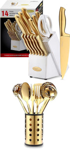 MA21 Golden Titanium Knives Block Set +  KYA51B Kitchen Utensil Set