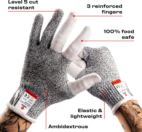 Cut Resistant Work Gloves for Women and Men, with Reinforced Fingers; Comfortable, 100% Food Grade Kitchen Cooking Gloves; Ambidextrous Safety Cutting Gloves; Level 5 Protection; Grey