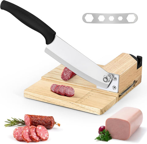 Image of Biltong Slicer Beef Jerky Cutter with Built-In Knife Sharpener Manual Meat Slicer Rubber Wood Base for Deli Bacon Ham Sausage Fruits Vegetables Herb Ginseng Pastry