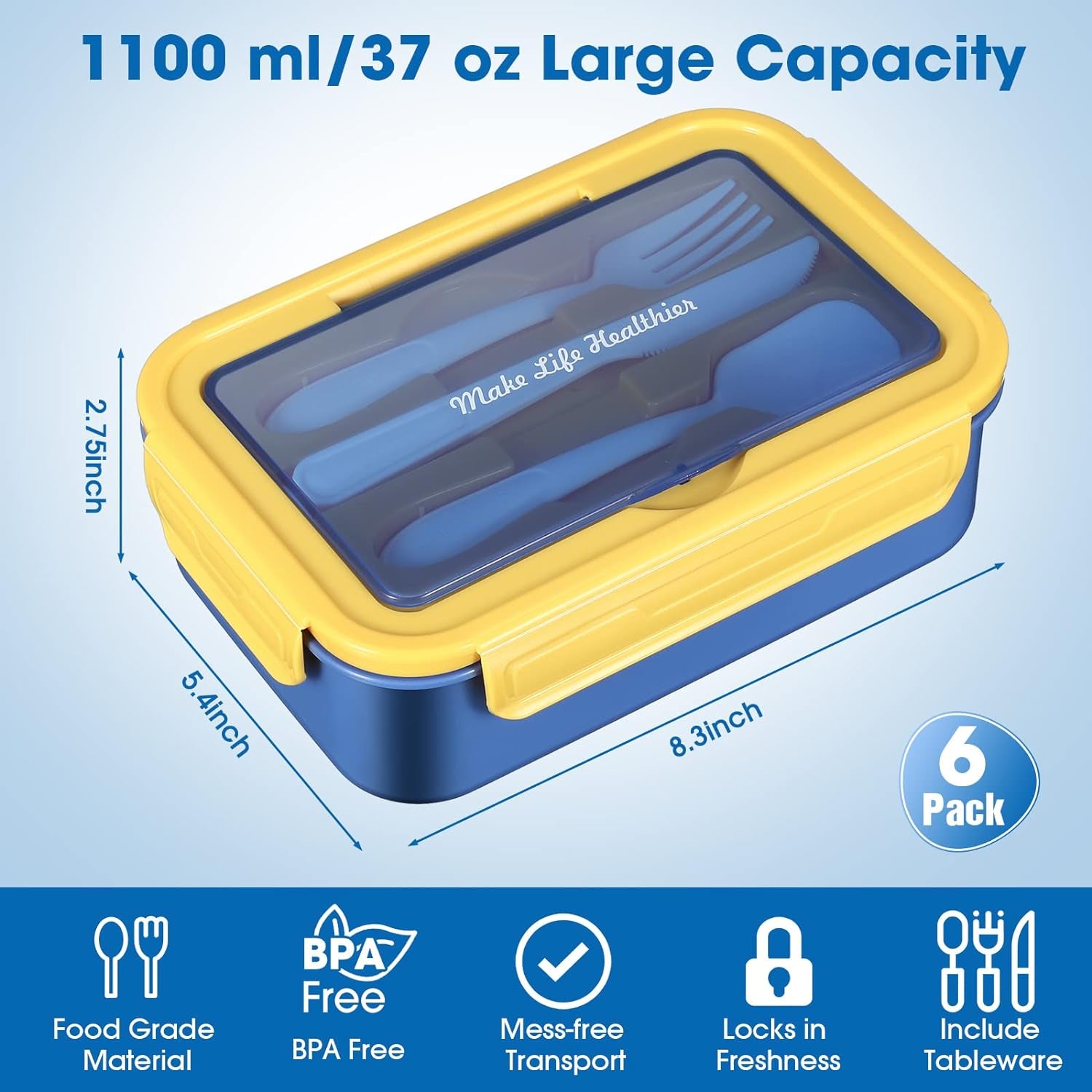 6 Pcs Bento Boxes for Kids Adult 1100 Ml Lunch Boxes with Knife, Fork and Spoon Leakproof Lunch Containers for Men Women Work School Travel