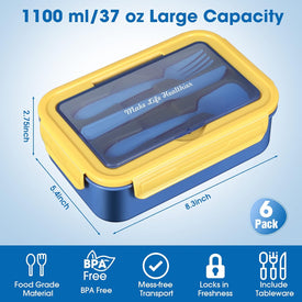 6 Pcs Bento Boxes for Kids Adult 1100 Ml Lunch Boxes with Knife, Fork and Spoon Leakproof Lunch Containers for Men Women Work School Travel