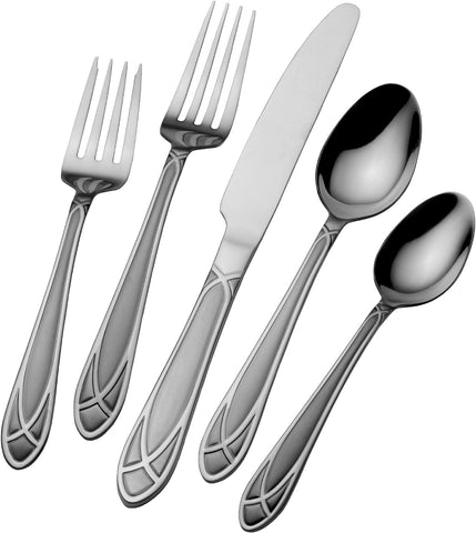 Image of Mirage Frost 45-Piece Stainless Steel Flatware Set with Serving Utensil Set and Metal Storage Caddy, Service for 8