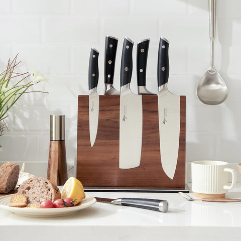 Image of Double Sided Magnetic Knife Block Kitchen Knife Holder Rack with Strong Magnets Acacia Wood Knife with Cutting Board Storage Stand