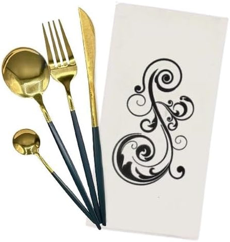 Image of 24 Pieces Premium Stainless Steel Black and Gold Cutlery Set for 6, 25 Pieces of Napkin Included, Elegant Silverware Set and Dishwasher Safe