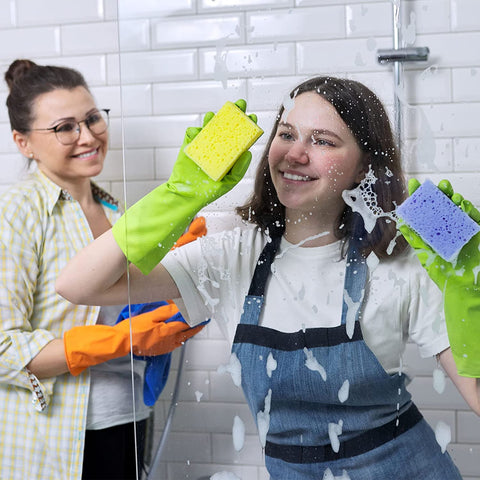 Image of 3 Pairs Rubber Cleaning Gloves for Household - Reusable Dishwashing Gloves for Kitchen, Flexible Durable & Waterproof (Medium, Green+Red+Orange)