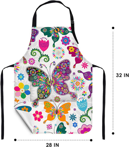 Image of Apron Home Kitchen Cooking Baking Gardening for Women Men with Pockets Floral Colorful Butterflies Flowers Romantic 32X28 Inch