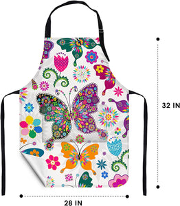 Apron Home Kitchen Cooking Baking Gardening for Women Men with Pockets Floral Colorful Butterflies Flowers Romantic 32X28 Inch
