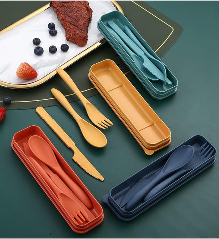 Image of 8 Pack Portable Travel Utensil Set with Case, Wheat Straw Reusable Spoon Knife Forks Tableware, Cutlery for Kids Adult Travel Picnic Camping or Daily Use (8 Colors)