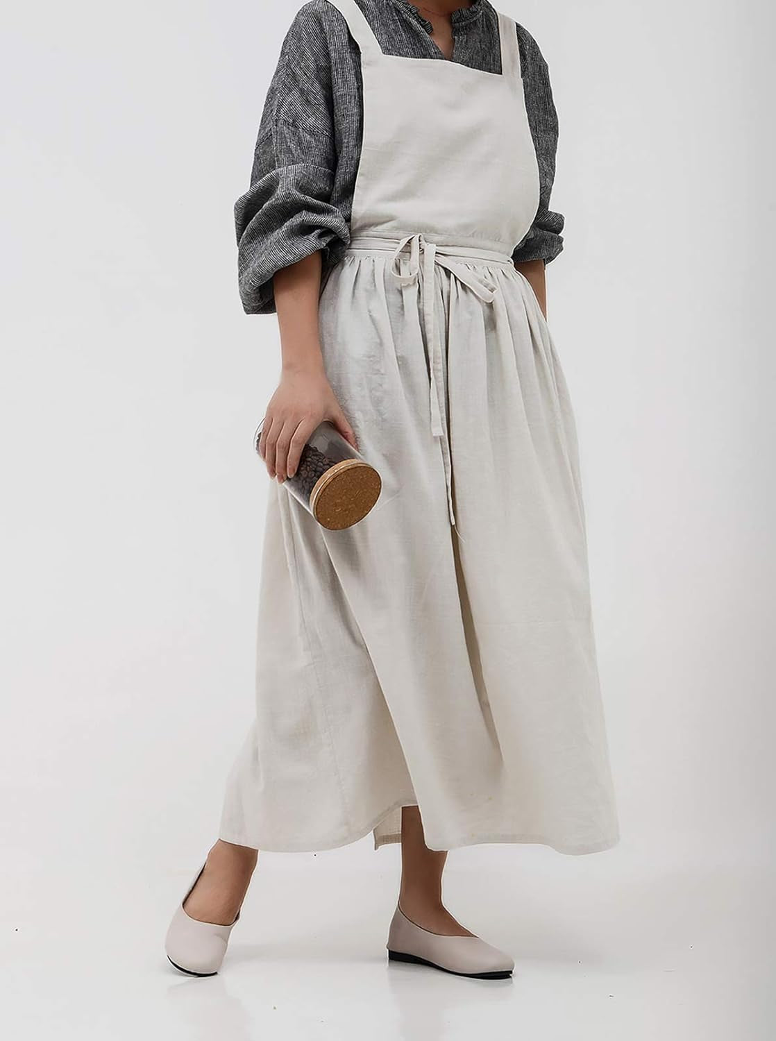 Pleated Cotton Long Apron X Back Kitchen Garden Florist Work Clothes Bib Dress