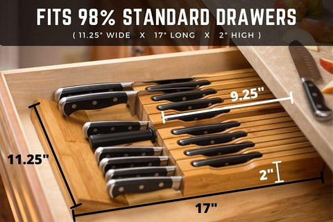 Image of In-Drawer Bamboo Knife Block Holds 16 Knives (Not Included) without Pointing up plus a Slot for Your Knife Sharpener!  Knife Organizer Made from Quality Moso Bamboo