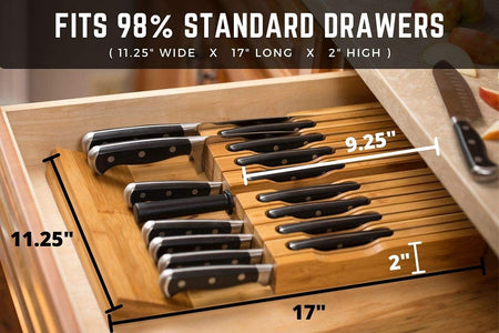 In-Drawer Bamboo Knife Block Holds 16 Knives (Not Included) without Pointing up plus a Slot for Your Knife Sharpener!  Knife Organizer Made from Quality Moso Bamboo