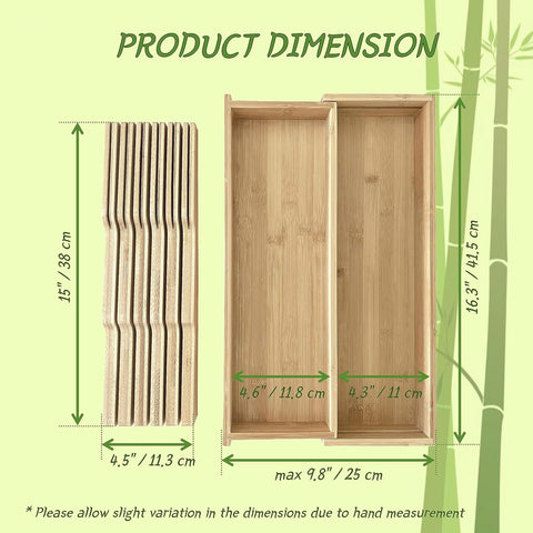 Image of Bamboo Expandable Kitchen Drawer Organizer with Removable Knife Block (No Knife), Wooden Knife Storage Rack & Multi Use Adjustable Divider Tray for Cutlery Utensils Silverware Flatware Spoons Forks