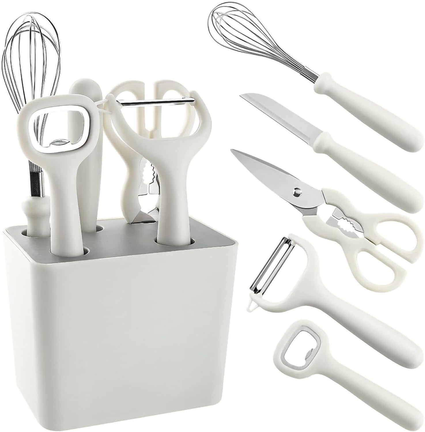 6-Pieces Kitchen Pre-Cooking Tool Set Including Storage Case, Scissors, Bottle Opener, Fruit Peeler, Fuit Knife, Ballon Whisk, Space Saving Kitchen Gadget Set with Holder, Housewarming Gift