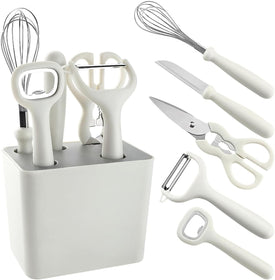 6-Pieces Kitchen Pre-Cooking Tool Set Including Storage Case, Scissors, Bottle Opener, Fruit Peeler, Fuit Knife, Ballon Whisk, Space Saving Kitchen Gadget Set with Holder, Housewarming Gift