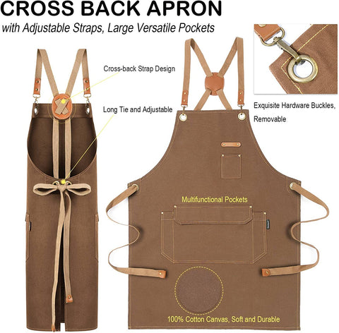 Image of Chef Apron for Men Women with Gift Box Pack, Cross Back Apron with Pockets for Kitchen Cooking Baking Artist Painting, Cotton Canvas Work Aprons for Shop, Garden, Restaurant, Cafe (Brown, M to XXL)