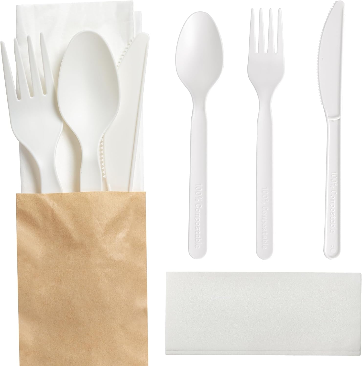 125 Sets  Disposable Forks Spoons Knives Napkins Individually Wrapped Utensils Recyclable Silverware Pouches Cutlery Packets