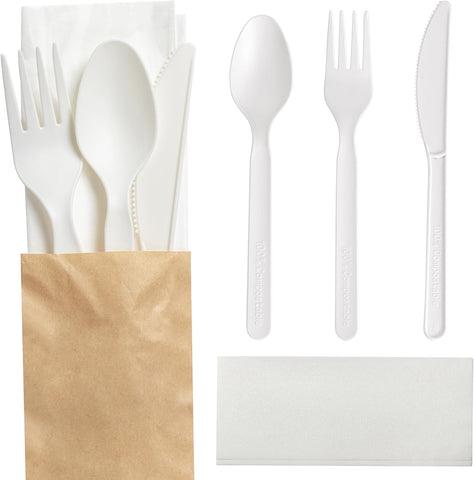 Image of 125 Sets  Disposable Forks Spoons Knives Napkins Individually Wrapped Utensils Recyclable Silverware Pouches Cutlery Packets