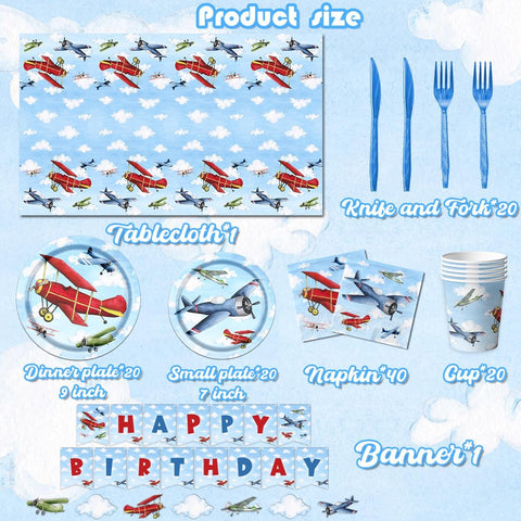 Image of 142Pcs Airplane Birthday Party Decorations Airplane Party Tableware Supplies Airplane Blue Sky White Disposable Plates,Tablecloth,Napkins,Cups,Banner Forks and Knives for Kids Favors Serve 20 Guests