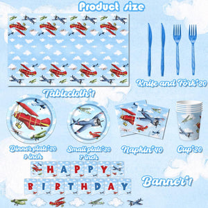 142Pcs Airplane Birthday Party Decorations Airplane Party Tableware Supplies Airplane Blue Sky White Disposable Plates,Tablecloth,Napkins,Cups,Banner Forks and Knives for Kids Favors Serve 20 Guests