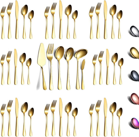 Image of Flatware Set 46 Piece, Stainless Steel with Titanium Gold Plated Flatware Set 45 Pieces Add 1 Pie Sever, Golden Flatware Set, Silverware, Cutlery Set Service for 8 (Shiny Gold)
