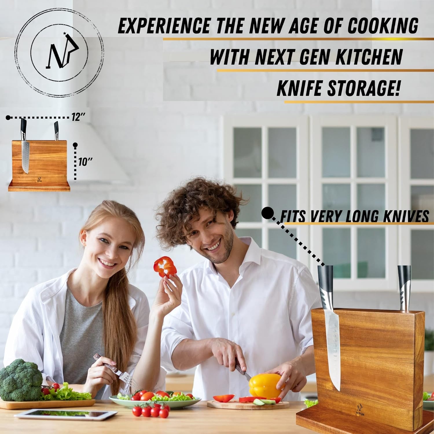 Magnetic Knife Block - Double Sided 12 X 10 Inches Knife Block with Finger Guard - Acacia Wood Knife Holder for Kitchen Counter - Strong Enhanced Magnets in Magnetic Knife Holder Stand