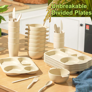 48 Pcs Wheat Straw Tableware Set for 8 Wheat Dinnerware Cutlery Include 8 Divided Dinner Plate 24 Spoon Knife Fork 8 Cup 8 Bowl Reusable Unbreakable Dishwasher for Kids Adult (Beige)