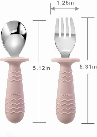 Image of 4 Set Baby Toddler Silicone Stainless Steel Utensils Silverware Spoon Fork for Baby Toddler BPA Free with Silicone Holding Anti-Choke Design (Pink&Grey)