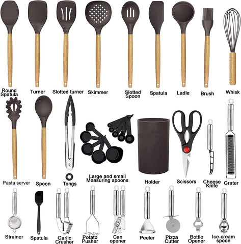 Image of Cooking Utensils Set- 35 Pcs Kitchen Utensils with Grater,Tongs, Spoon Spatula &Turner Made of Heat Resistant Food Grade Silicone and Wooden Handles Kitchen Gadgets Tools Set for Nonstick Cookware