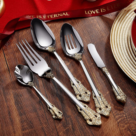 Image of Luxury 45 Pieces 18/10 Stainless Steel Flatware Set, Service for 8, Silver Plated with Gold Accents, Fine Silverware Set and Dishwasher Safe