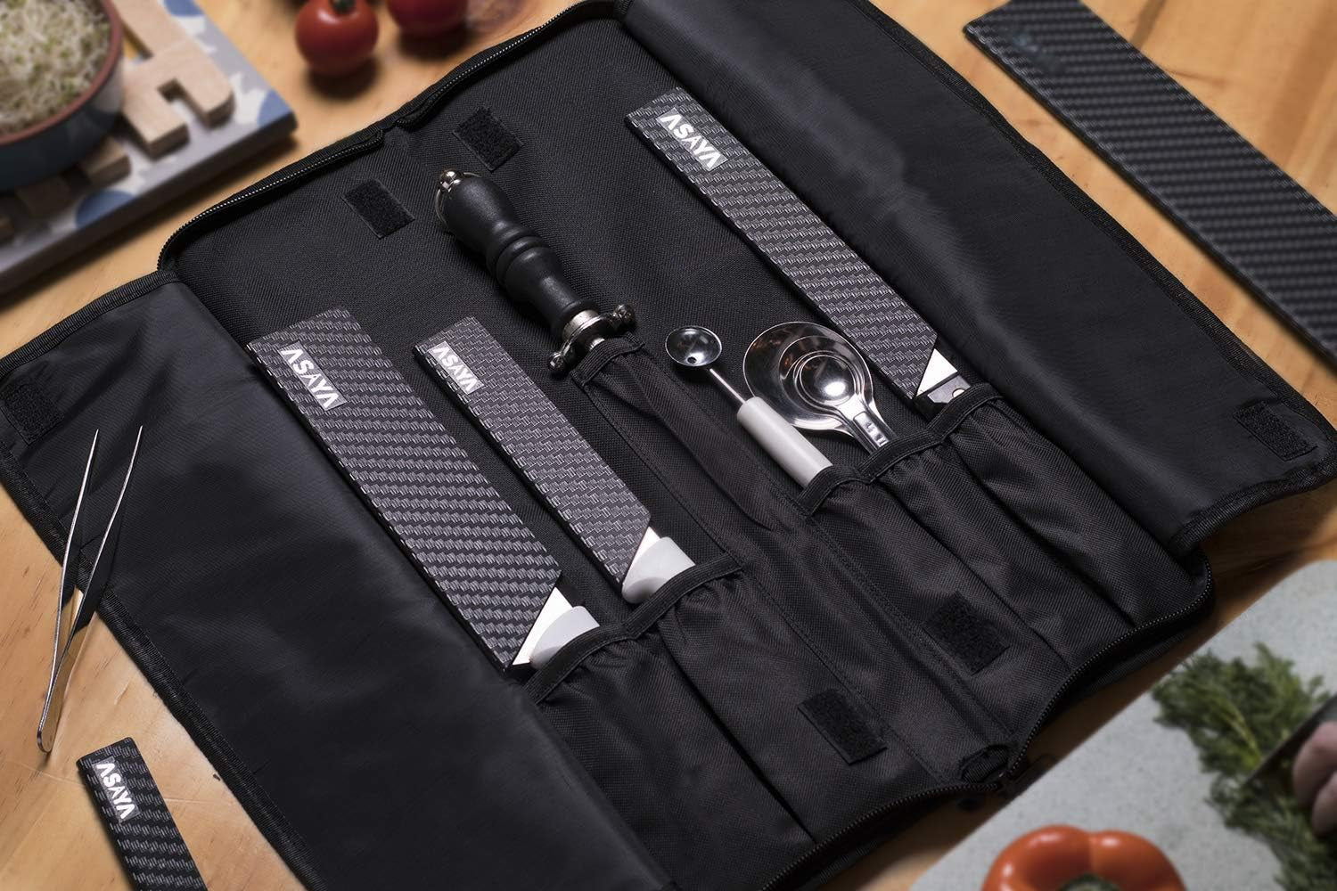 Chef Knife Roll Bag - 12 Pockets for Knives and Kitchen Utensils - Lightweight, Durable, and Stain Resistant Nylon - Perfect for the Traveling Chef - Knives Not Included