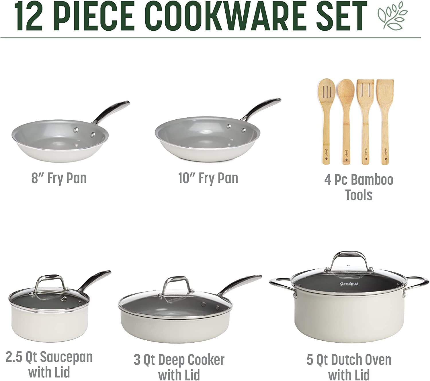 Ceramic Nonstick Pots and Pans Set, Titanium-Reinforced Premium Nonstick Coating, Dishwasher Safe Pots and Pans, Tempered Glass Steam Vented Lids, Stainless Steel Handles, 12-Piece, Cream