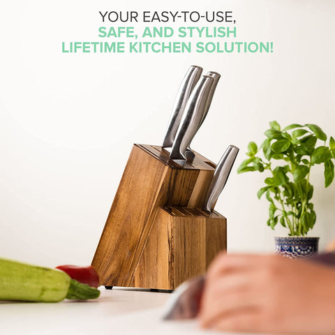 Image of Acacia Wood Kitchen Knife Block - Professional Quality Wood Knife Organizer - Convenient & Secure Knife Stand to save Space & Keep Knives Neat & Sharp - Knife Blocks for Kitchen Knife Storage