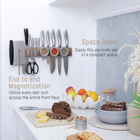 Image of Walnut 16 Inch Magnetic Knife Holder for Wall with Double Storage & Charming Wood - Knife Magnetic Strip, Knife Magnet, Magnet Knife Holder Strip, Magnetic Knife Strip, Knife Rack Kitchen Knife Holder