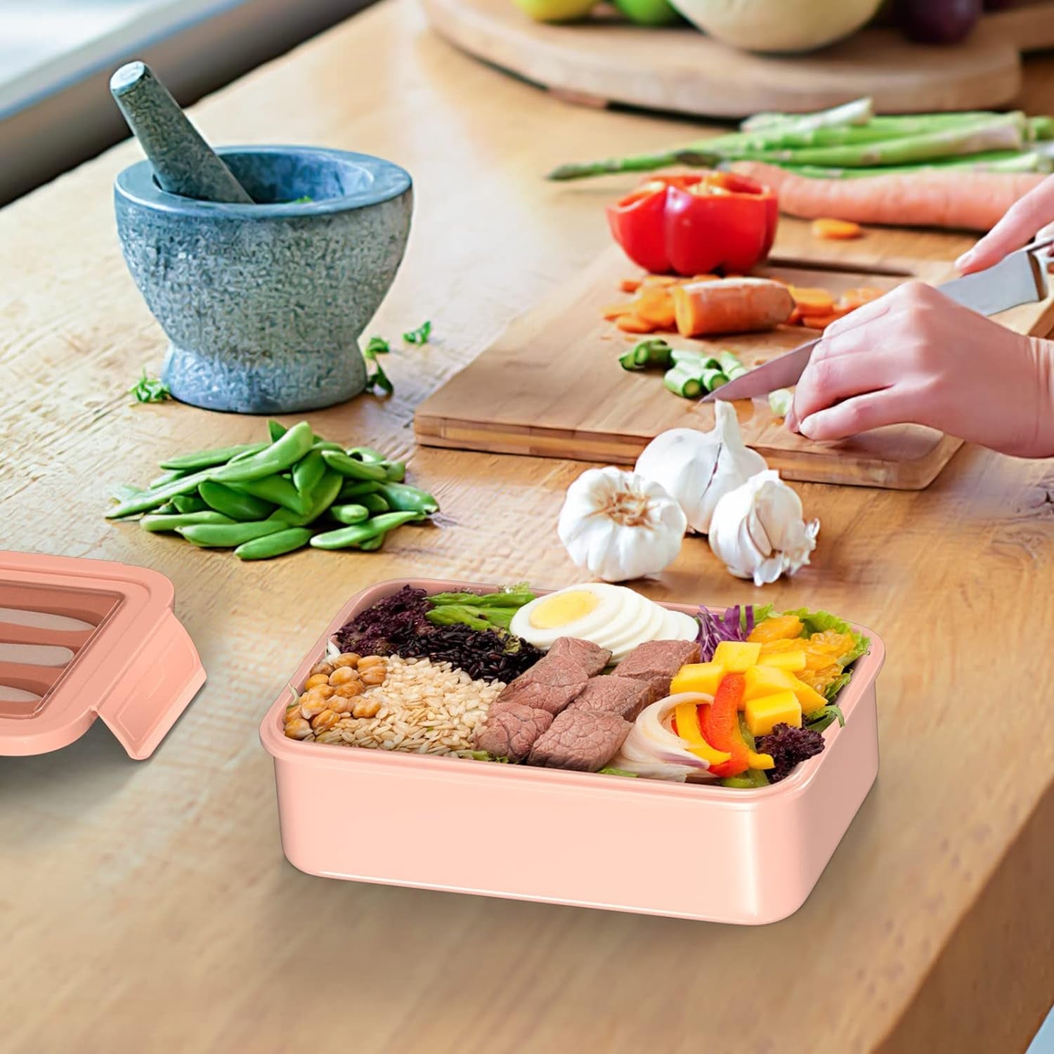 Bento Lunch Box for Kids, 1400 ML Bento Box Adult Lunch Box for Men Women with Cutlery & Salad Dressing Container to Go, Leak-Proof Meal Prep Container for Work School Travel, No BPA, Microwave Safe