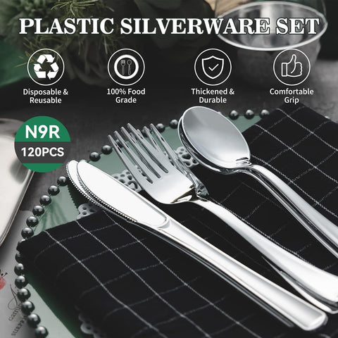 Image of 120PCS Silver Plastic Silverware, Silver Plastic Cutlery Set Disposable Flatware Dinnerware -60 Silver Forks, 30 Silver Spoons, 30 Silver Knives for Wedding, Party, Daily Use Silver Utensils