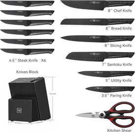 Knife Sets for Kitchen with Block, HUNTER.DUAL 15 Piece Knife Set with Built-In Sharpener, Dishwasher Safe, German Stainless Steel, Elegant Black