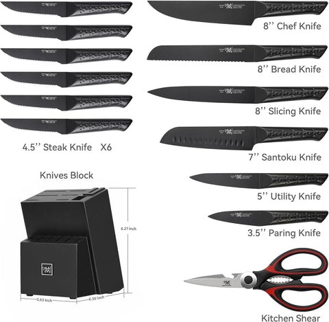Image of Knife Sets for Kitchen with Block, HUNTER.DUAL 15 Piece Knife Set with Built-In Sharpener, Dishwasher Safe, German Stainless Steel, Elegant Black