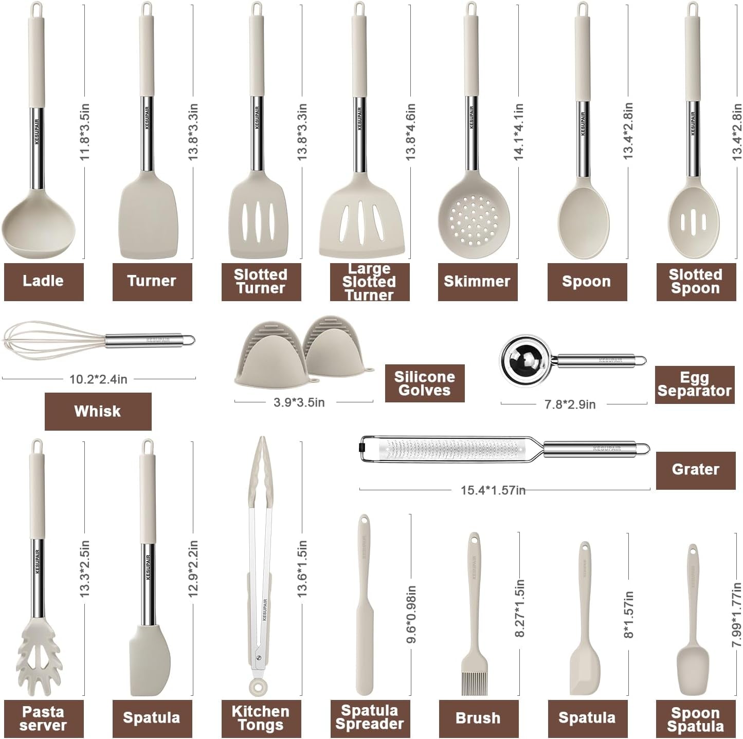 Silicone Kitchen Utensils Set, 20 Pcs Cooking Utensils Set-Cooking Utensil - Kitchen Gadgets and Tools with Holder-Stainless Steel Kitchen Utensil with Grater,Turner,Tongs (Khaki)