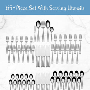 5081298 Satin Loft 65-Piece 18/10 Stainless Steel Flatware Set with Serving Utensil Set, Service for 12