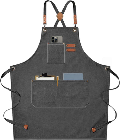 Image of Chef Aprons for Men Women with Large Pockets, Cotton Canvas Cross Back Heavy Duty Adjustable Work Apron, Size M to Xxl(Grey)