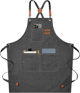 Chef Aprons for Men Women with Large Pockets, Cotton Canvas Cross Back Heavy Duty Adjustable Work Apron, Size M to Xxl(Grey)